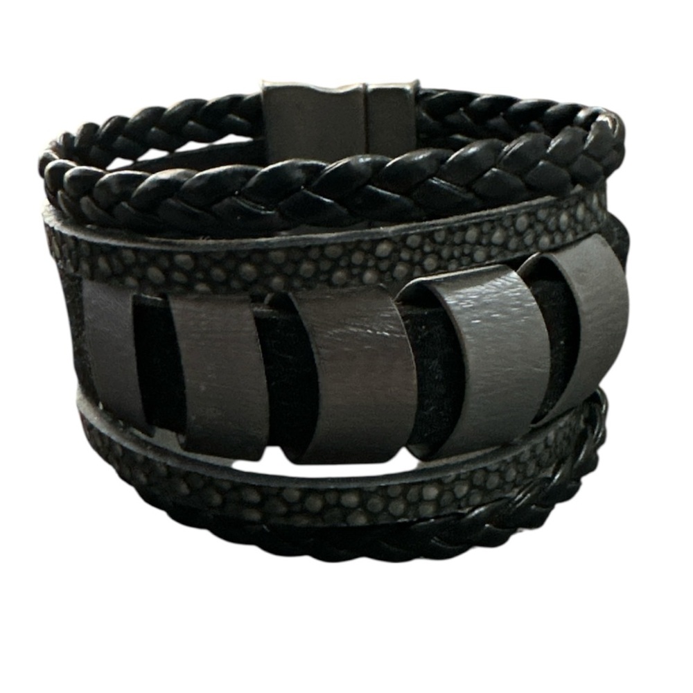 Men's Black Layered Leather & Metal Accent Bracelet